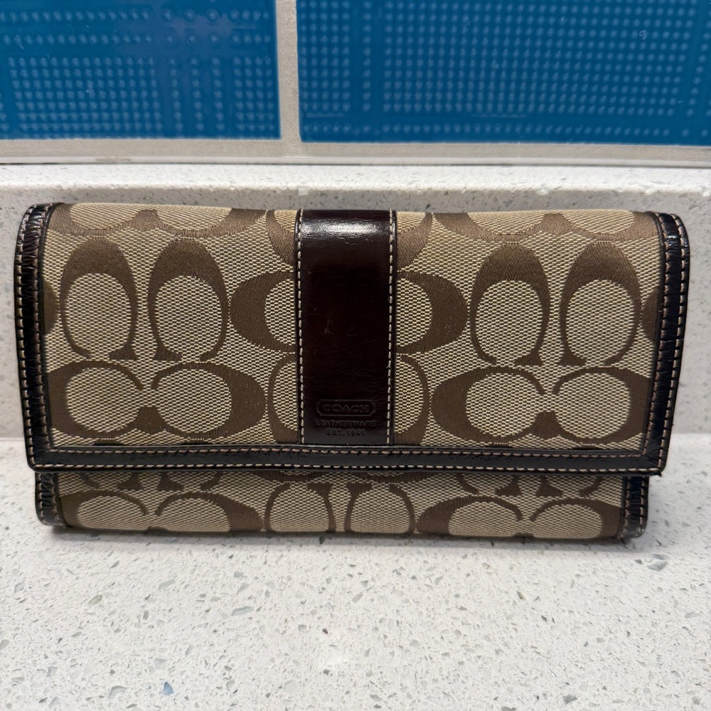 Coach Signature Stripe Jacquard Fabric Trifold Long Wallet